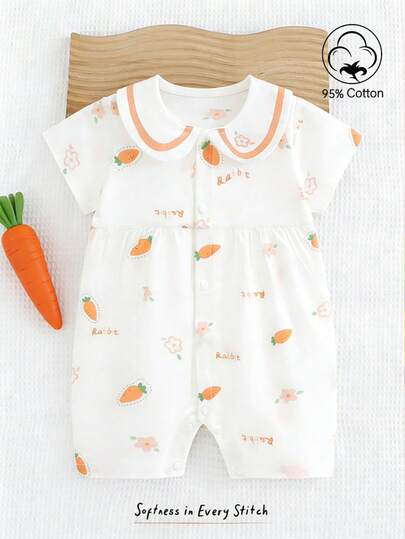 Newborn Baby Girls' Soft Cotton Romper, Cute Casual Lightweight Short Sleeve Outfit, Suitable For Summer