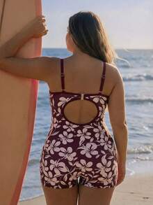 Swim SPRTY Plus Size Women's Fashionable One-Piece Swimsuit, Spaghetti Strap, Slimming, Printed, Casual, Sports, Beach, Vacation - Rust Brown - View 2