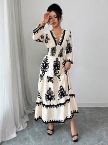 Selianne 2025 春夏新款欧美花卉复古印花深 V 领收腰 A 字形连衣裙 - 彩色 - 查看 6