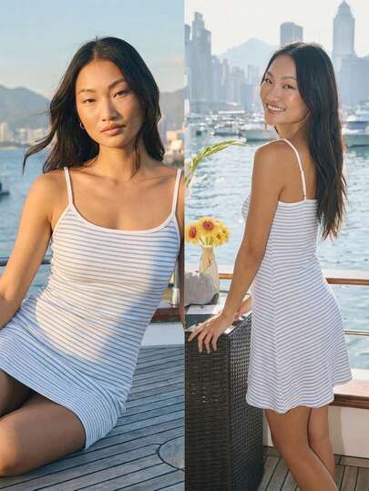 Fluxe Women's Casual Striped Bodycon Slip Dress For Summer