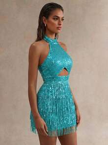 Glamine 新年假日派对露背亮片吊带连衣裙，酒红色女装 - 青碧色 - 查看 2