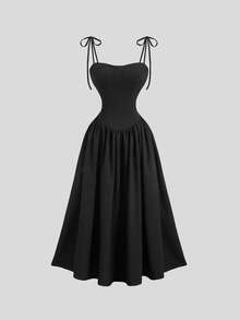 Sweetra Französisches Retro-Maxikleid in Unifarbe mit Spaghettiträgern - Schwarz - Übersicht 1