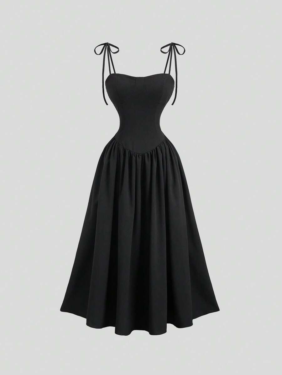 Sweetra Französisches Retro-Maxikleid in Unifarbe mit Spaghettiträgern - Schwarz - Übersicht 1