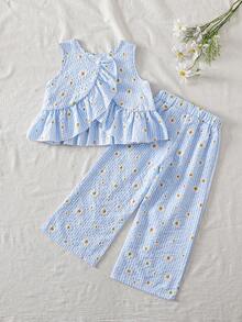 女童夏季新款简约休闲两件套，雏菊印花天蓝色，无袖露脐上衣配荷叶边下摆和宽松阔腿裤，适合日常穿着、休闲外出、旅行和海滩。 - 藍色 - 查看 5