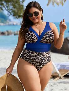Swim Lushoire SHEIN Swim Lushore Traje de baño de una pieza sexy con estampado de leopardo aleatorio y contraste de malla para mujer de talla grande - Azul - Ver 5