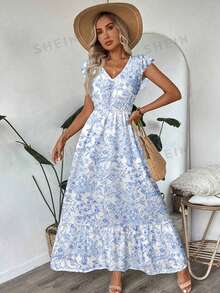 Easowa Đầm chữ A tay ngắn cổ chữ V, viền bèo nhún, kiểu dáng thường ngày, thích hợp cho kỳ nghỉ của phụ nữ. - Xanh và trắng - Xem 6