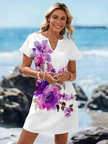 SHEIN LUNE 女士休闲V领印花梭织迷你连衣裙，适合春夏度假穿着，时尚连衣裙，度假必备 - 彩色 - 查看 8