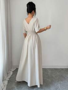 Elenzga 新款春夏休闲优雅V领蝙蝠袖褶皱松紧腰连衣裙 - 卡其色 - 查看 2