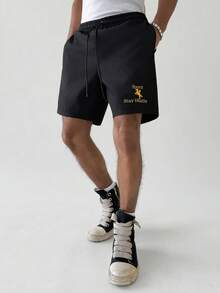 Aesthetic Post 男士抽绳腰带字母骑士刺绣图案休闲百搭日常短裤 - 黑色 - 查看 3