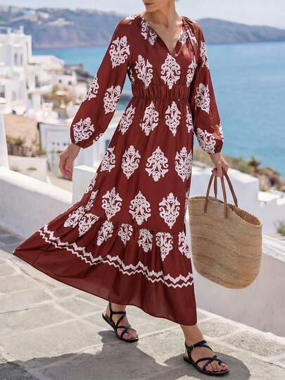 Breezaya Women's Elegant Vacation Dress, Burgundy Color With All-Over Floral Print, V-Neck, Long Sleeve, Waist Cinched, Flared Hem