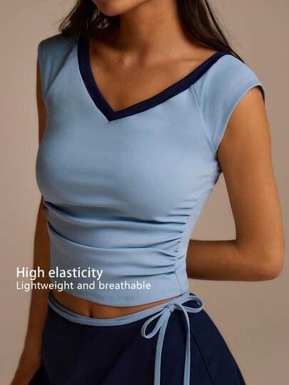 Fluxe Áo thun yoga ôm sát cổ chữ V phối màu tương phản dành cho nữ