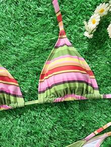 Swim Mod 2026 Spring/Summer Women's Black Background White Polka Dot Random Print Sweet Cute Side Tie Halter Bikini Two Pieces Swimsuit - Multicolor - View 4