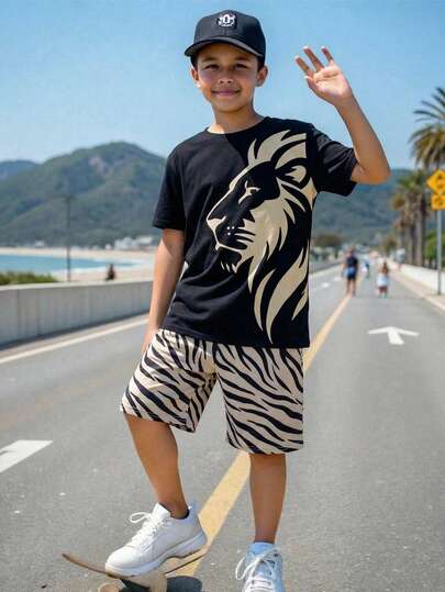 SHEIN 2pcs/Set Tween Boy Casual Minimalist Lion Graphic Print Short Sleeve Crew Neck T-Shirt, Lion Print Set, Suitable For Summer
