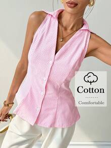 Ritzy Row Women's Pink And White Striped Sleeveless Vest,Summer Smart Casual Office Top For Brunch,Business,Commuting,Music Festivals & Airport Travel - Pink - View 1