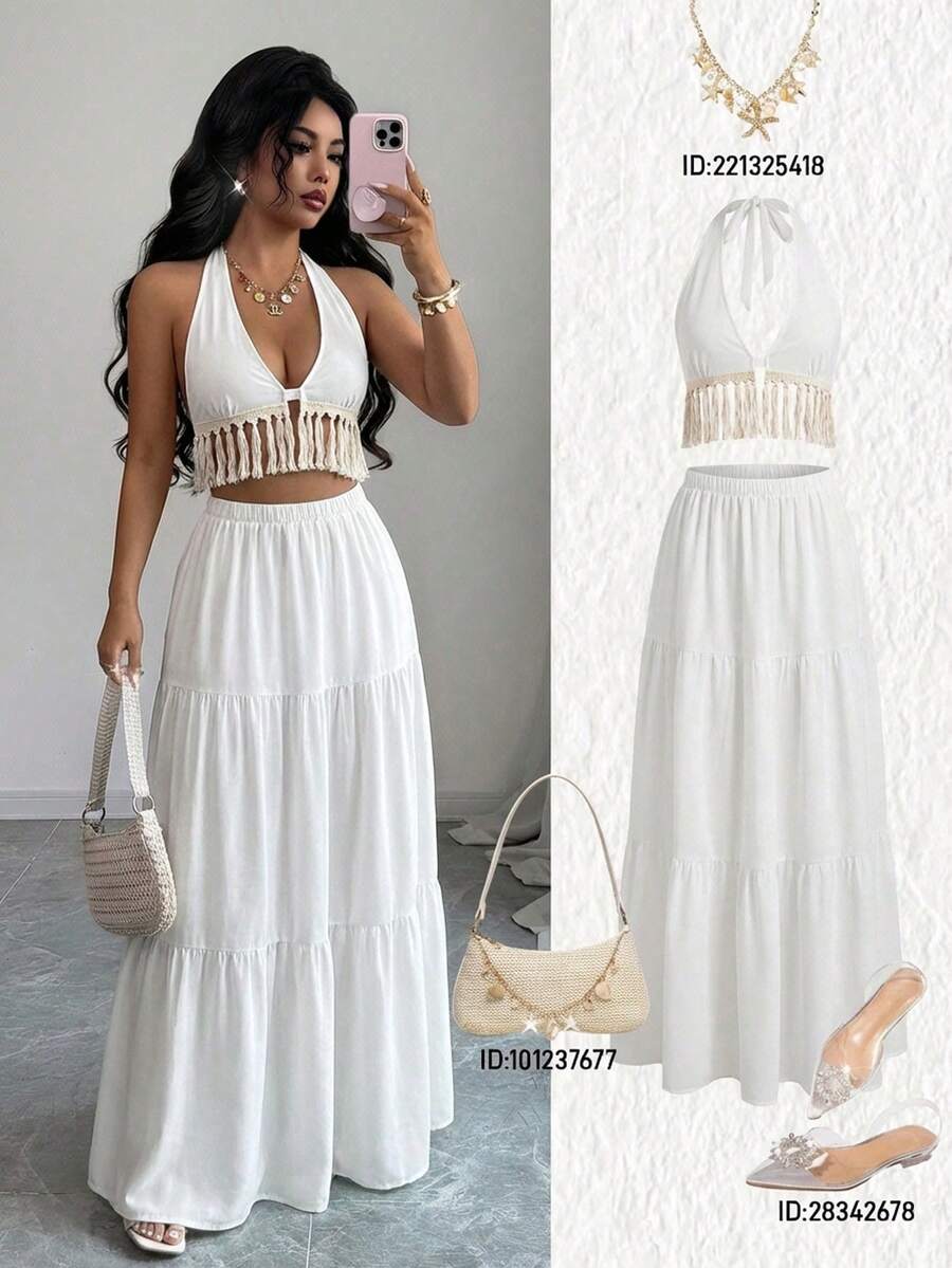 Elenzga Bộ đồ 2 mảnh dành cho nữ: Áo croptop cổ yếm tua rua buộc dây phía sau và chân váy xếp tầng cạp chun, trang phục đi biển màu trắng thanh lịch, thoải mái cho mùa hè. - Màu be - Xem 1