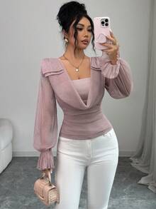 Modelyn Women's Elegant Commuter Shiny Draped Neck Cinched Waist Blouse,Pink Top - Pink - View 7