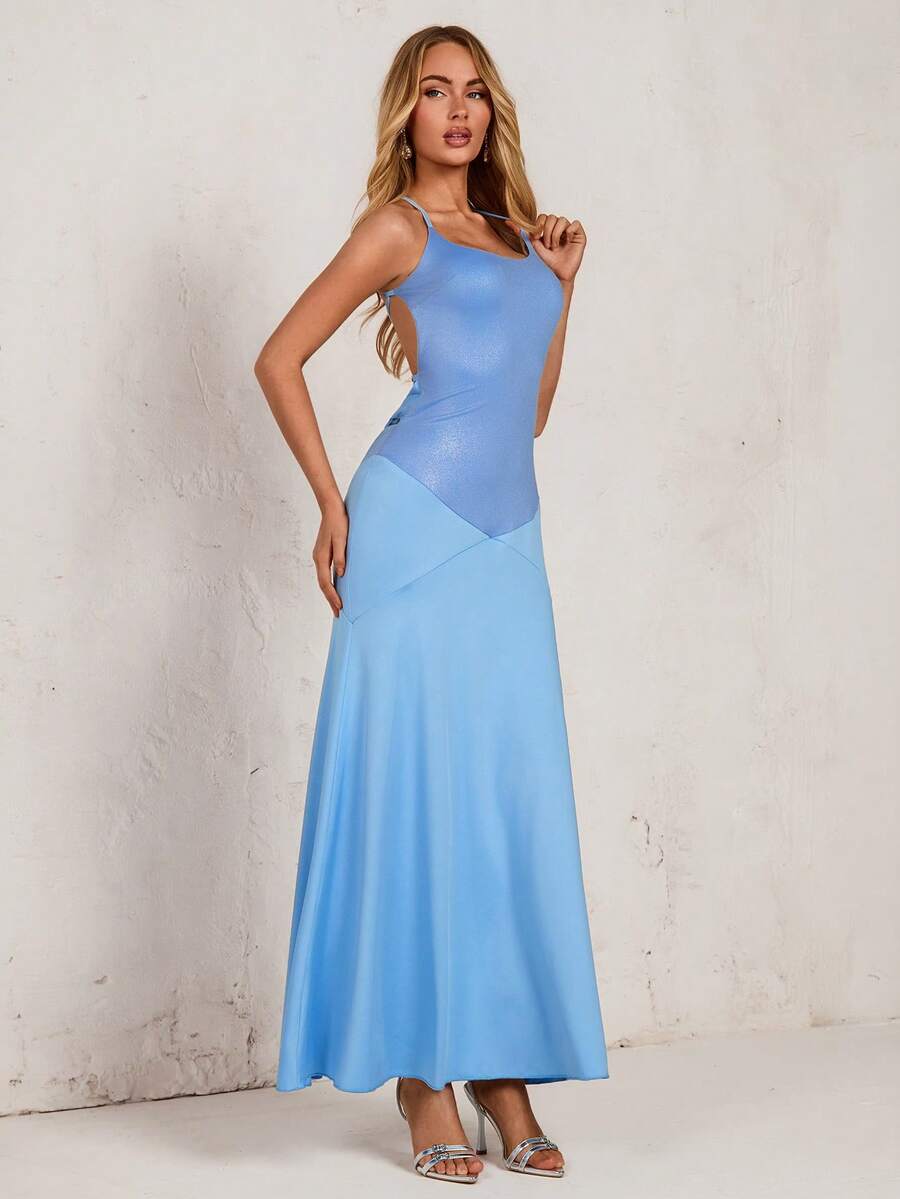 Glamine Vestido de mujer de unicolor con tirantes finos y espalda descubierta, de moda para el verano - Azul - Ver 1