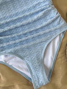 SHEIN 少女露背金属海星装饰蓝色纹理针织连体泳衣 - 藍色 - 查看 5