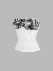Sweetra Women's New Fashion Versatile Plaid Patchwork Hollow Out Jacquard Camisole Top - White - View 1