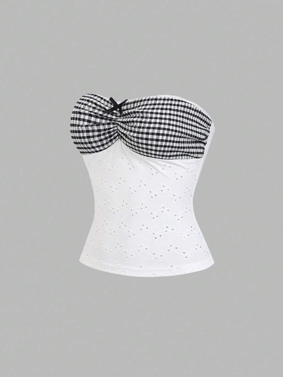 Sweetra Women's New Fashion Versatile Plaid Patchwork Hollow Out Jacquard Camisole Top - White - View 1