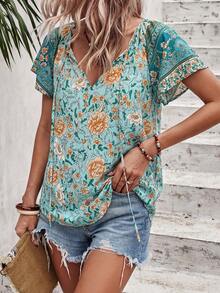 SHEIN Unity Floral Print Tie Neck Blouse - Green - View 5