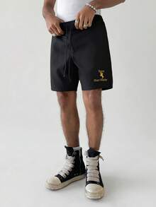 Aesthetic Post 男士抽绳腰带字母骑士刺绣图案休闲百搭日常短裤 - 黑色 - 查看 5