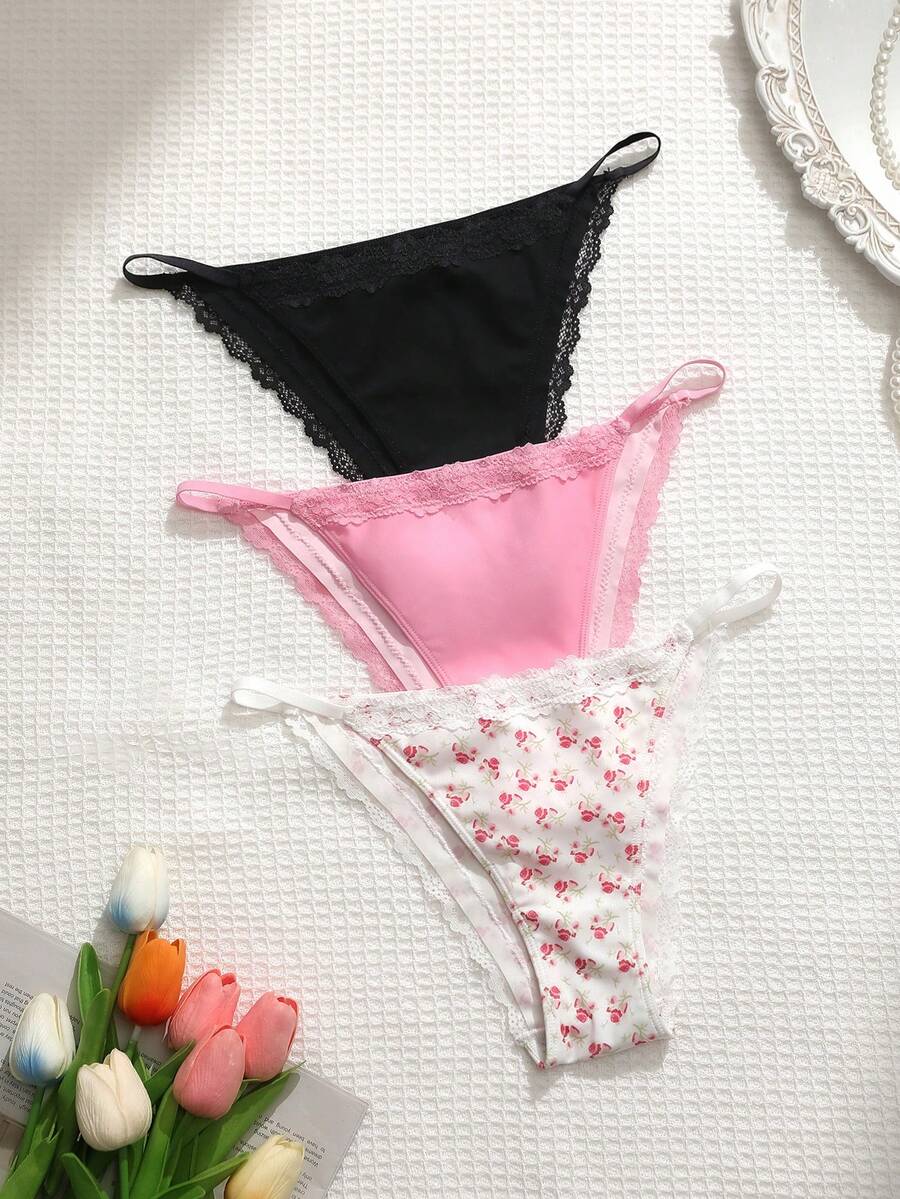 3pcs Lace Patchwork Floral Print Women's Briefs - Multicolor - View 1