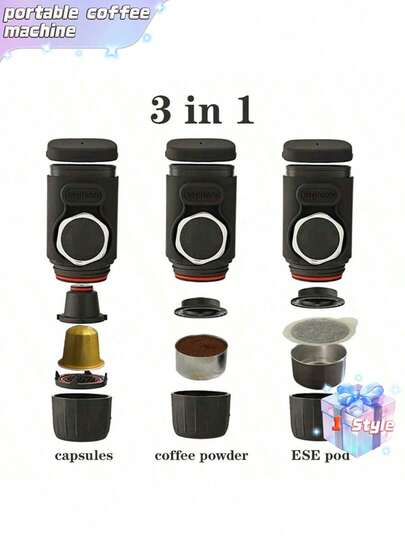便携式咖啡机，浓郁咖啡奶油，无需用电的手动咖啡机，胶囊和咖啡粉两用咖啡机，体积小巧，重量轻，适合旅行、户外、家庭、宿舍、办公室等多种场景使用。