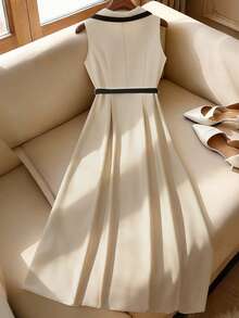 GlowEve Đầm midi nữ thanh lịch kiểu retro, cổ ve lật, thắt eo, cài cúc, màu mơ/đen, thích hợp mặc đi làm và dự tiệc, mùa xuân/hè. - Nhiều màu - Xem 2