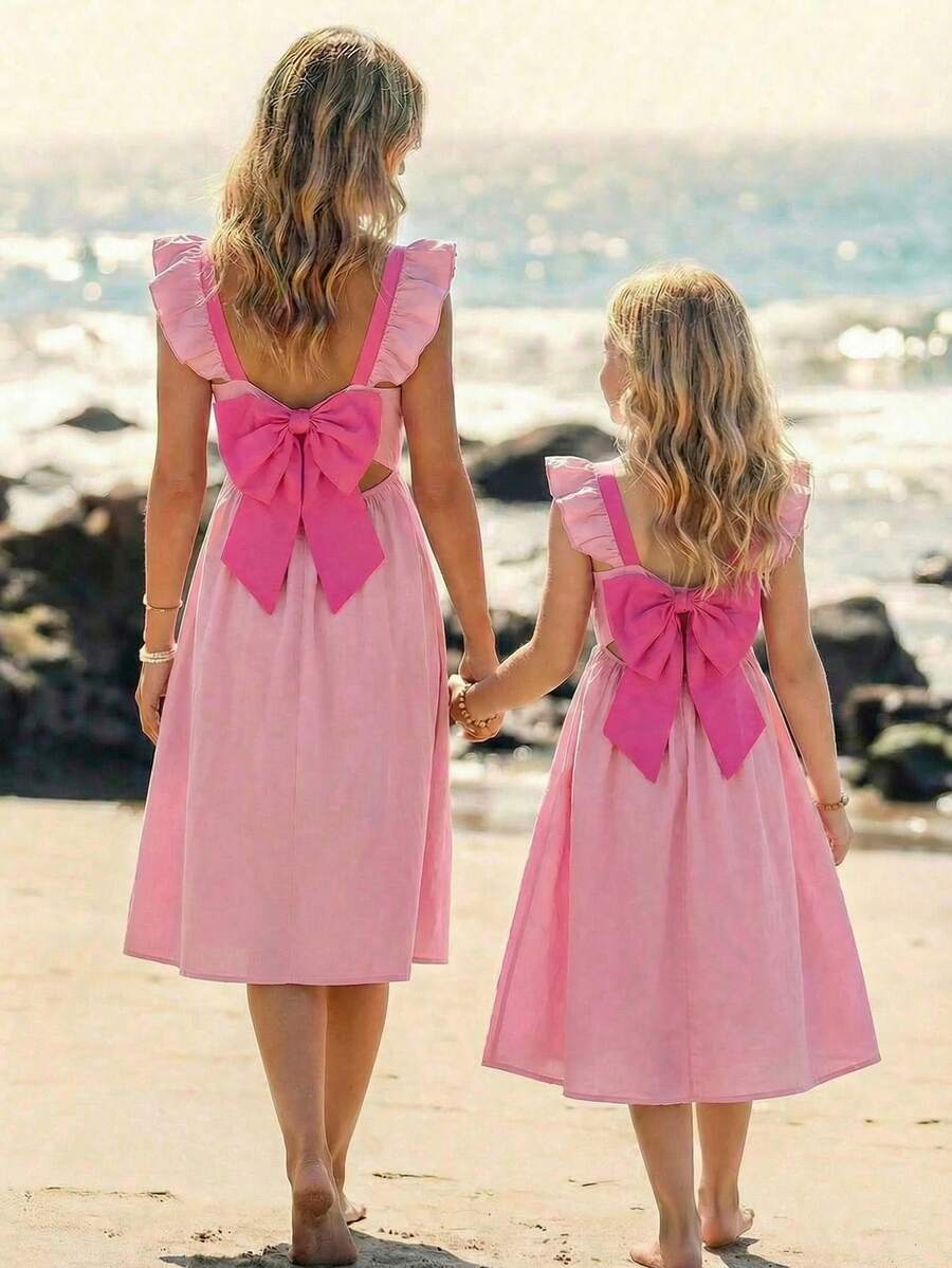 Teen Girl Elegant Round Neck Cap Sleeve Dress - Pink - View 1