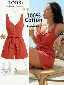 GlowEve Women's Elegant Sleeveless Button Jumpsuit, Suitable For Commuting - Redwood - View 1
