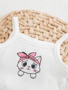 Cozy Pixies 女婴卡通猫咪爱心图案针织柔软吊带背心和松紧腰短裤两件套 - 彩色 - 查看 4