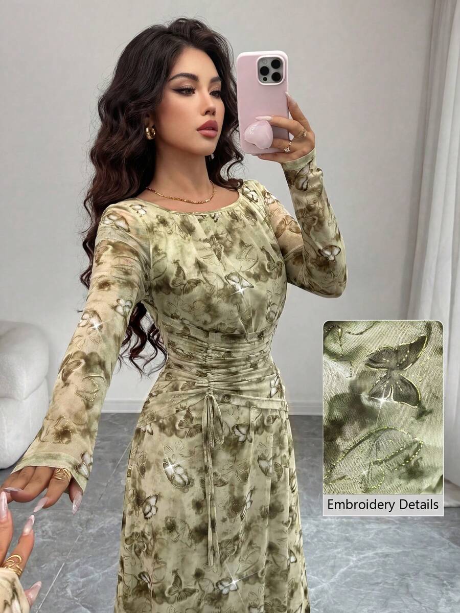 Modelyn Vestido de manga larga con pliegues y vuelo, con estampado digital, de moda para primavera/verano