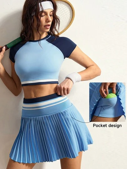 VARSIVA Women's Pleated Blue Patchwork Casual Skirts With Colorful Accents, Featuring Pockets, Suitable For Various Occasions Such As Dates, Outings, And Gym.