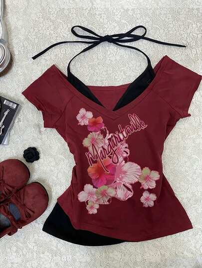 Glimmora Floral Print Color Block 2 In 1 Women T-Shirt