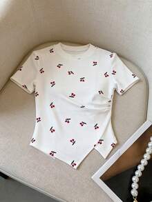 Resyla Plus Size Casual Cherry Print Split Hem T-Shirt - Multicolor - View 4