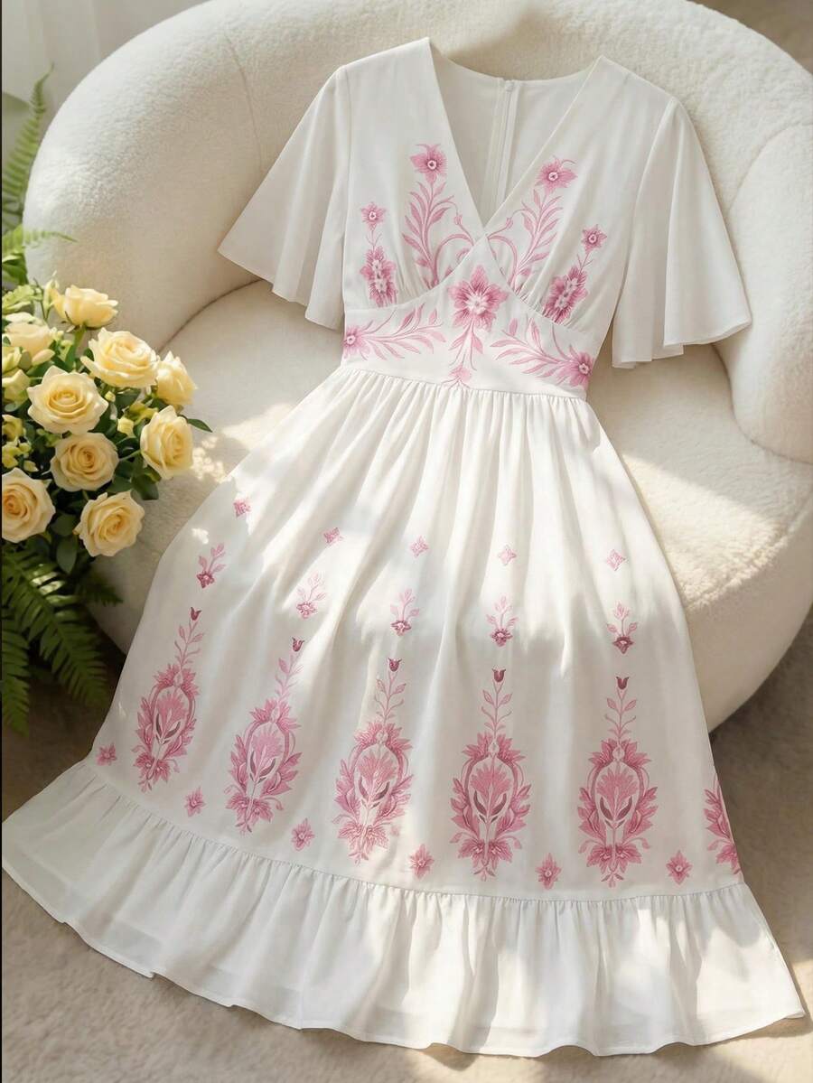 Modelyn Đầm nữ kiểu Pháp họa tiết hoa, cổ chữ V, viền bèo nhún, eo thắt, tay ngắn.