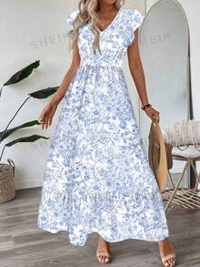 Easowa Đầm chữ A tay ngắn cổ chữ V, viền bèo nhún, kiểu dáng thường ngày, thích hợp cho kỳ nghỉ của phụ nữ. - Xanh và trắng - Xem 5