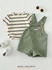 Cozy Pixies 2pcs Baby Boy Striped Pattern Knit Soft Round Neck Short Sleeve Pullover Top And Bib Shorts Set Dinosaur Clothes Baby Baby Boy Summer Overall Outfits Baby Boy Overalls Baby Boy Green Clothes Baby Clothes Outfit Set Baby Romper Cotton Baby Clothes - Multicolor - View 6