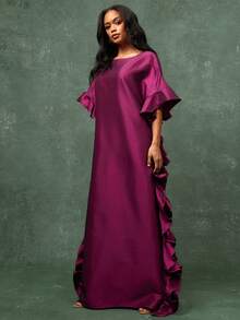 Vixey Boat Neck Off Shoulder Ruffle Detail Maxi Flowy Taffeta Dress - Red Violet - View 3
