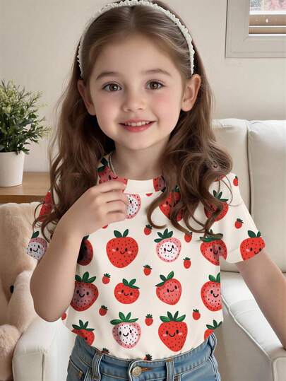 Camiseta de manga corta con cuello redondo y estampado de fresa, estilo casual y lindo para niña, apta para primavera, verano, otoño e invierno
