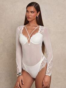 Glamine Body de mujer de moda, sexy, de encaje transparente y parches, de manga larga - Blanco - Ver 3