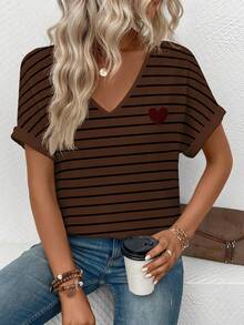SHEIN LUNE Women's V-Neck Short Sleeve Loose Striped Heart Pattern T-Shirt, Best Seller - Multicolor - View 5