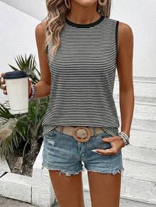 Selamara Áo tank top nữ cổ tròn không tay, phối màu tương phản, in họa tiết sọc - Nhiều màu - Xem 3