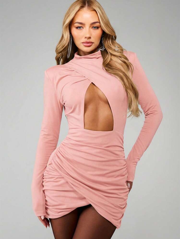 MISSGUIDED Sexy Mock Neck Cut Out Chest Long Sleeve Ruched Mini Dress Party Cocktail Club Night Out