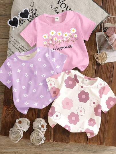 Souflis Souflis Set de 3 piezas de blusas casuales y lindas para niña con estampado floral y de letras, cuello redondo, manga corta. Conjunto de blusas multicolor versátil para primavera/verano y vacaciones.