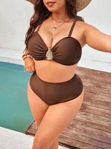 Swim Vcay 2026 New Plus Size Swimwear Set, Shiny Fabric Bandeau Top With Detachable Adjustable Straps, High-Waisted Swim Shorts, Sexy Beach Vacation Pool Outfit - Coffee Brown - View 4