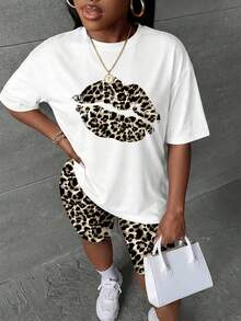 Slaydiva Casual Loose Leopard Print Lip Graphic Round Neck Short Sleeve T-Shirt And Shorts Set, Suitable For Summer Music Festivals, Plus Size - Brown - View 8