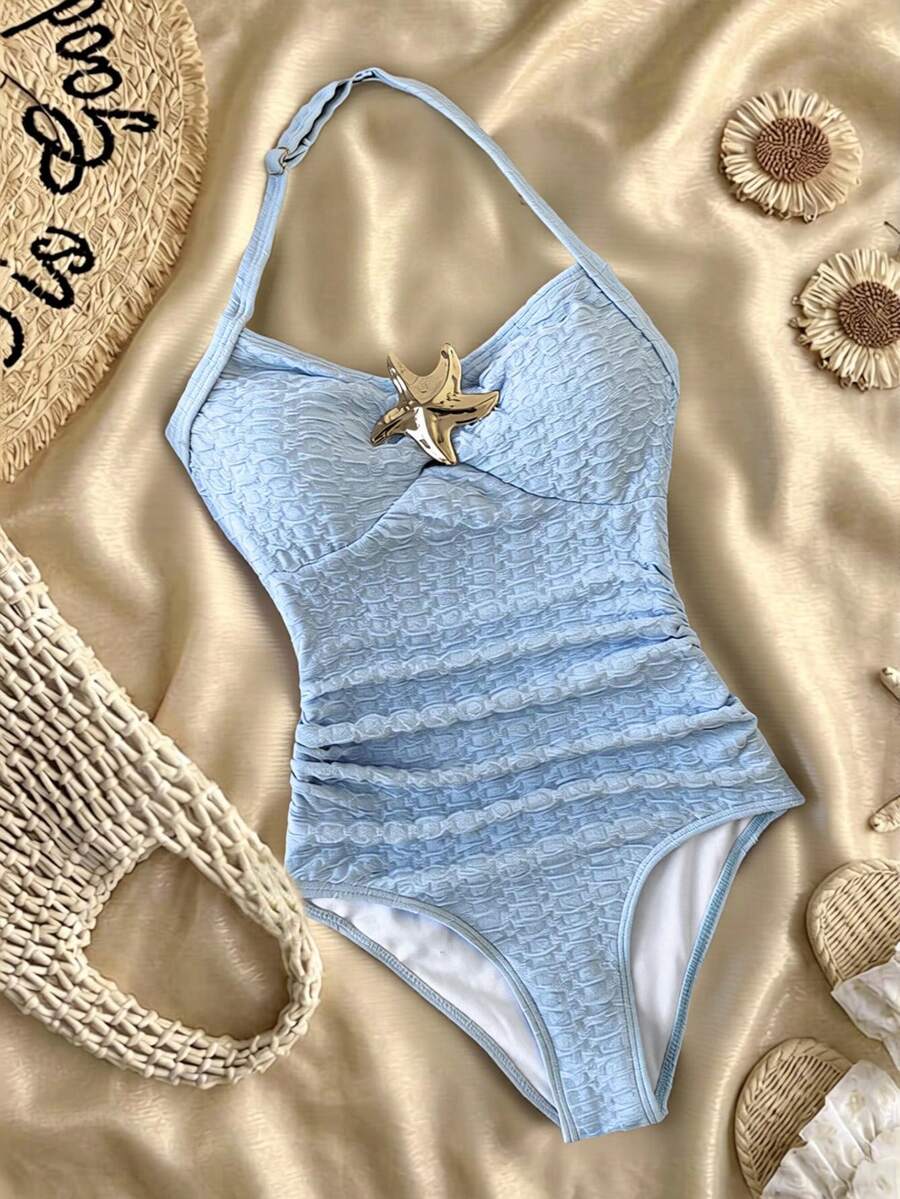 SHEIN 少女露背金属海星装饰蓝色纹理针织连体泳衣 - 藍色 - 查看 1