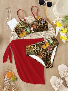 Retro Colorful Floral, Leopard, Zebra Print Teen Girls Tankini Swimsuit Set, Suitable For Summer Vacation & Beach - Multicolor - View 4